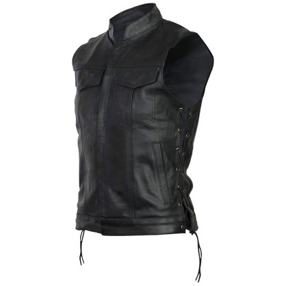 Vance VL912S Mens Black SOA Club Style Leather Motorcycle Vest With Side Laces