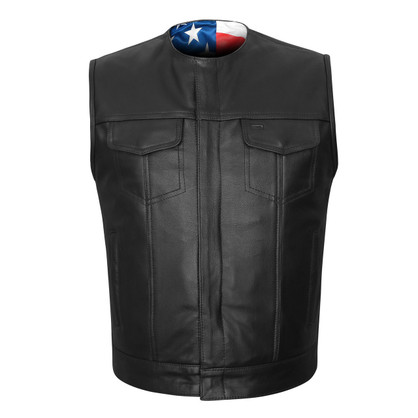 High-Mileage-HMM929-Mens-Zipper-Snap-Closure-Collarless-Leather-Club-Vest-American-Flag-Liner-front