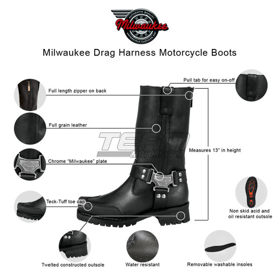 Mens Milwaukee Motorcycle Clothing Company MMCC Drag Harness Motorbike Biker Riding Black Leather Boots - Infographics
