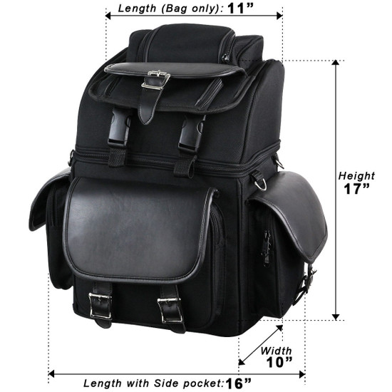 Vance SB521 Black Five Large Outer Pocket Motorcycle Luggage Touring Travel Sissy Bar Rack Bag-Sizing