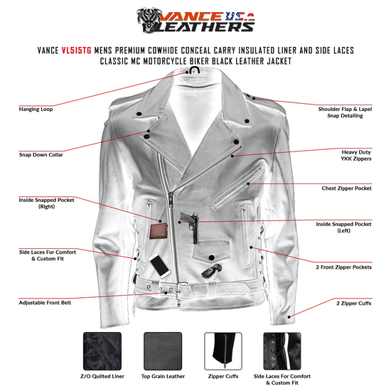 Vance VL515TG Mens Premium Cowhide Conceal Carry Insulated Liner and Side Laces Classic MC Motorcycle Biker Black Leather Jacket- product infographic