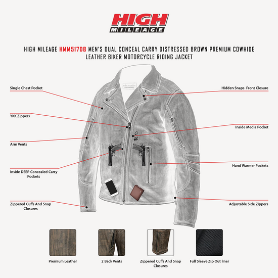 High Mileage HMM517DB Men's Dual Conceal Carry Distressed Brown Premium Cowhide Leather Biker Motorcycle Riding Jacket - Infographics