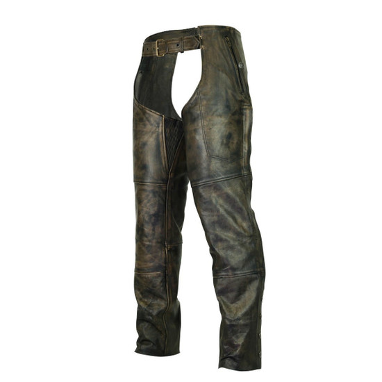 High Mileage HM811DB Men and Women Premium Cowhide Vintage Distressed Brown Jean Style Leather Motorcycle Chaps