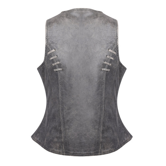 High Mileage HML1038DG Womens Distressed Gray Premium Soft Goatskin Leather Vest With Twill Lace and Grommet - back view