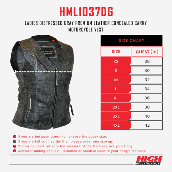 High Mileage HML1037DG Womens Distressed Gray Premium Cowhide Biker Motorcycle Leather Vest With Buckles - Sizechart