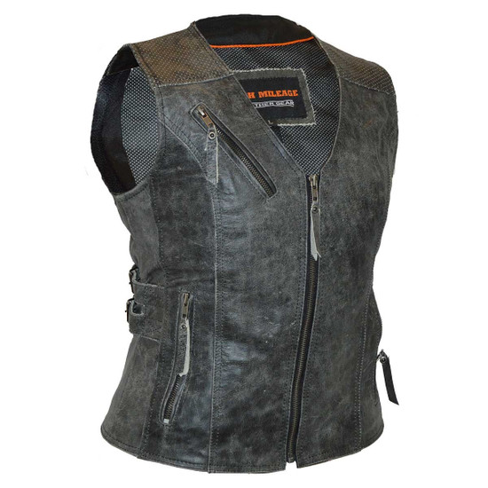 High Mileage HML1037DG Womens Distressed Gray Premium Cowhide Biker Motorcycle Leather Vest With Buckles