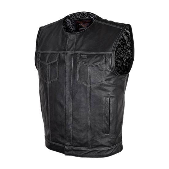 High Mileage HMM919BP Mens Black Paisley Design Liner Premium Cowhide Leather SOA Style Club Vest With Quick Access Conceal Carry Pocket