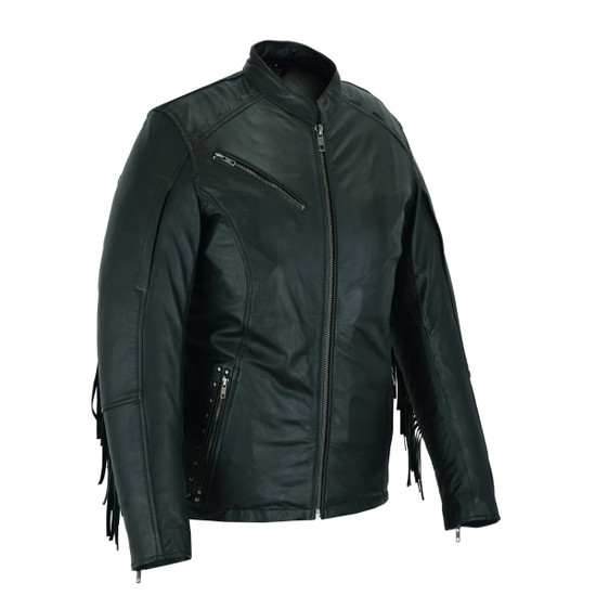 High Mileage HML704B Women's Fringe and Rivet Detail Premium Lightweight Black Leather Lady Biker Motorcycle Fashion Jacket