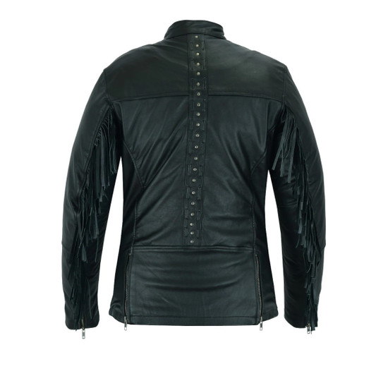 High Mileage HML704B Women's Fringe and Rivet Detail Premium Lightweight Black Leather Lady Biker Motorcycle Fashion Jacket - Back View