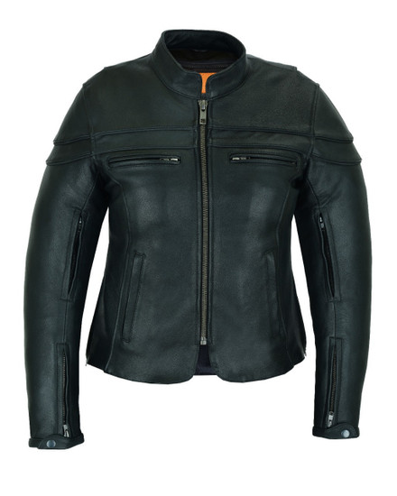Vance Leather VL631 Women's Black Soft Cowhide Leather Sporty Scooter Crossover Biker Motorcycle Riding Jacket - Front