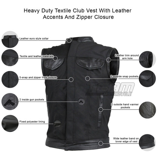 Vance VL1914L Mens Black Front Zipper and Snap Closure SOA Club Style Leather Trimmed Textile Motorcycle Vest - Infographics