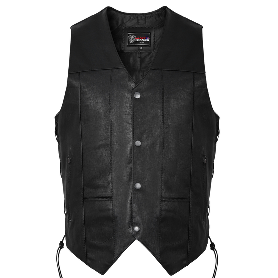 Vance VL915 Men's Black Premium Cowhide Ten Pocket Leather Vest - front