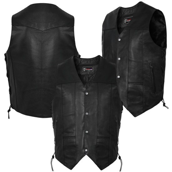 Vance VL915 Men's Black Premium Cowhide Ten Pocket Leather Vest - detail