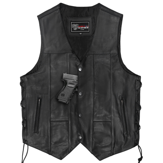 Vance VL915S Men's Black Ten Pocket Leather Vest - front view