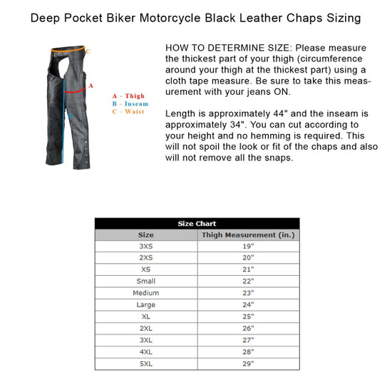 Vance Leather VL812S Mens and Womens Black Deep Pocket Biker Leather Motorcycle Chaps - Size Chart