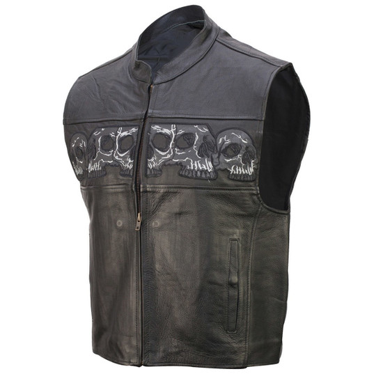 Vance VL935 Men's Black Reflective Skull Premium Cowhide Leather Biker Motorcycle Vest