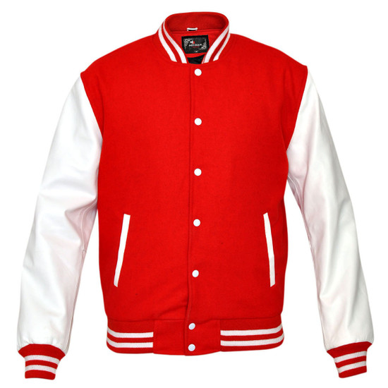 Mens MJ590R Red Wool with Real Leather Premium Varsity Letterman Jacket