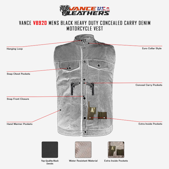 Vance VB920 Mens Black Heavy Duty Concealed Carry Denim Motorcycle Vest - Infographics