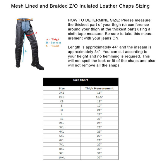 Vance Leather VL802S Mens and Womens All Season Black Zip-out Insulated Thermal Liner Braided Biker Leather Motorcycle Chaps