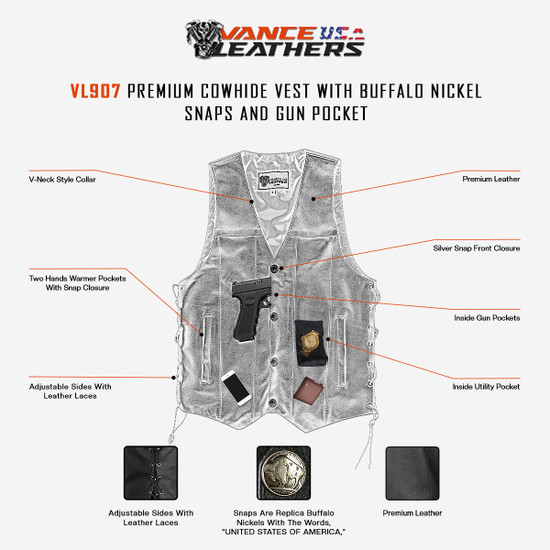 Vance VL907 Mens Black Premium Cowhide Leather Biker Motorcycle Vest with Buffalo Nickel Snaps and Conceal Carry Pocket - Infographics