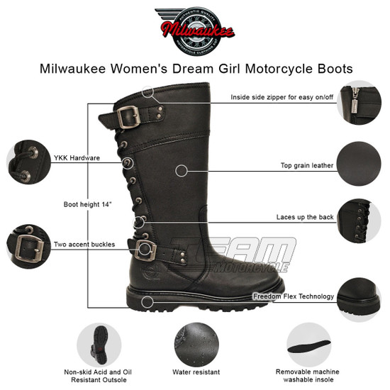 Womens Milwaukee Motorcycle Clothing Company MMCC Dream Girl Motorbike Biker Riding Black Leather Boots - Infographics