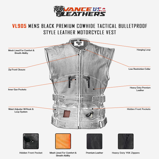 Vance Men's Black Premium Cowhide Tactical Bulletproof Style Leather Motorcycle Vest