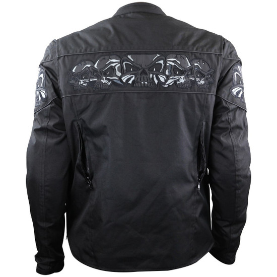 Mens Black Embroidered Reflective Skull CE Armored Textile Biker Motorcycle Jacket - Back View-1