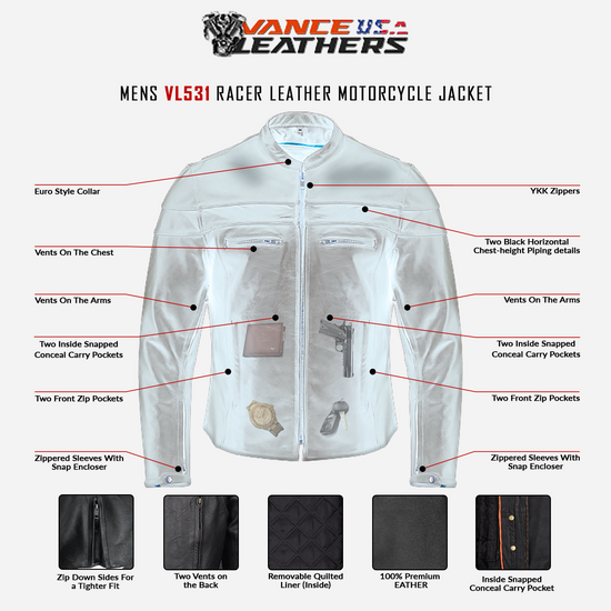 Mens VL531 Premium Racer Leather Commuter Motorcycle Jacket - Infographic