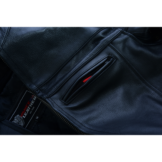 Mens VL531 Premium Racer Leather Commuter Motorcycle Jacket - front pockets