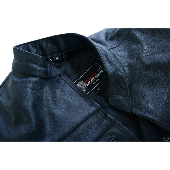 Mens VL531 Premium Racer Leather Commuter Motorcycle Jacket - collar