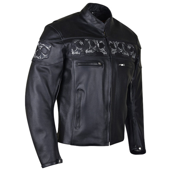 Men's Black Reflective Skulls Leather Motorcycle Jacket