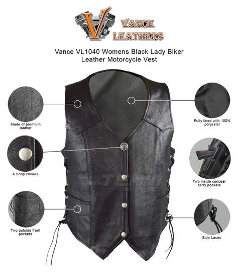 Vance VL1040 Womens Black Lady Biker Leather Motorcycle Vest - Infographics
