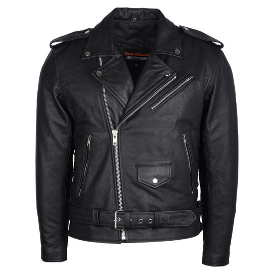 High Mileage Men's Eagle Embossed Live To Ride - Ride To Live Classic Black Leather Motorcycle Biker Jacket - Front View