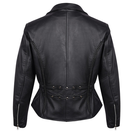 Vance Leathers "Lexi" Women's Black Soft Cowhide Braided and Studded Biker Motorcycle Riding Jacket - back