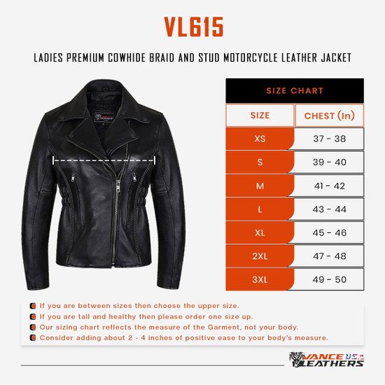 Vance Leathers "Lexi" Women's Black Soft Cowhide Braided and Studded Biker Motorcycle Riding Jacket -Size-chart