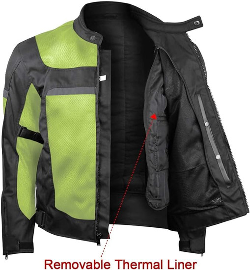 Vance VL1625HG Men's Advanced High Visibility All Season CE Armor Mesh Textile Motorbike Motorcycle Riding Jacket - removable thermal liner