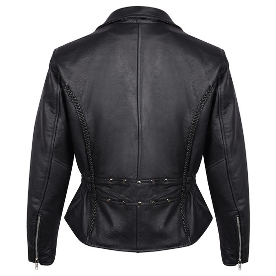 Vance Leather VL615S Women's Black Leather Braided and Studded Biker Motorcycle Riding Jacket - back
