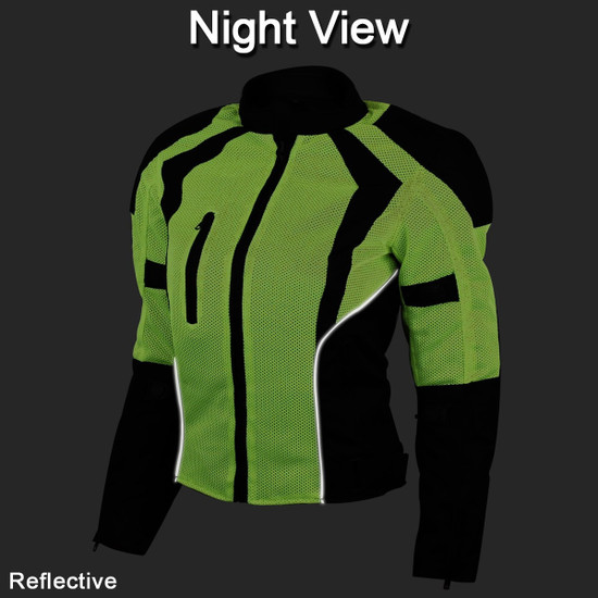 Advance Vance VL1673HG Womens High Visibility Neon All Weather Season CE Armor Mesh Motorcycle Riding Jacket - Night View