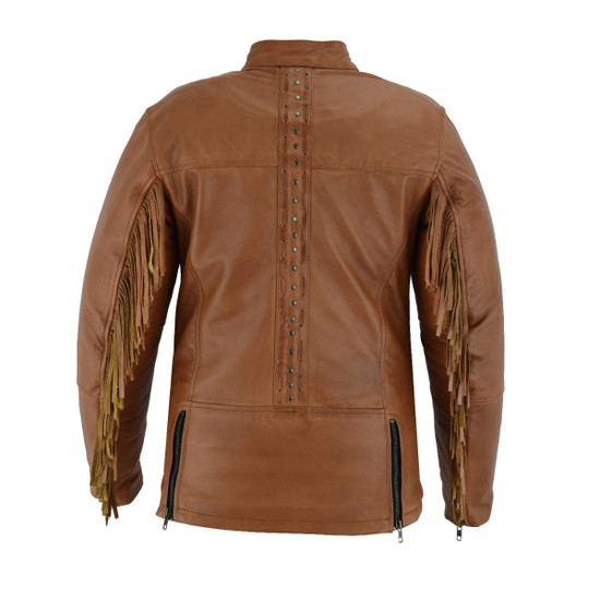 High Mileage HML703T Women's Fringe and Rivet Detail Premium Lightweight Brown Leather Lady Biker Motorcycle Fashion Jacket - Back View