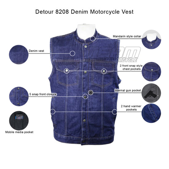 Detour 8208 Men's Blue Denim Jean Biker Motorcycle Vest - Infographics