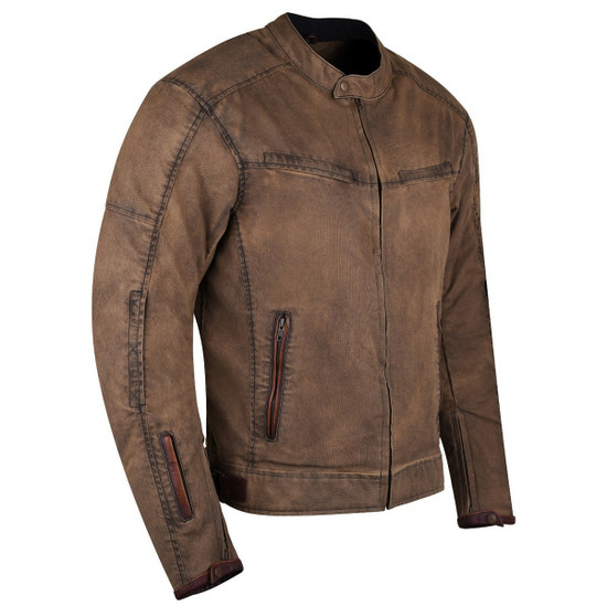 Mens Brown Waxed Cotton Cafe Style Scooter Motorcycle Jacket - Side View