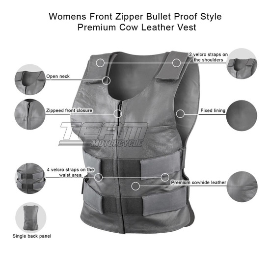 Women's Grey Pink or Red Bulletproof Style Lady Biker Cowhide Leather Motorcycle Vest - Infographics