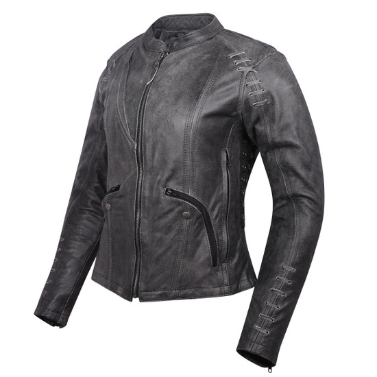 High Mileage HML638DG Women's Lace and Grommet Detail Distressed Gray Goat Skin Leather Lady Biker Motorcycle Fashion Jacket - Side View