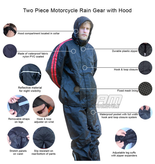 Mens and Womens RS5005 Two Piece Motorcycle Rain Gear - Infographics