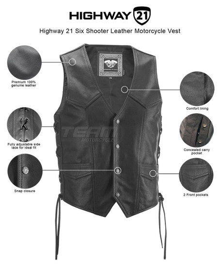 Highway 21 Six Shooter Leather Motorcycle Vest - Infographics