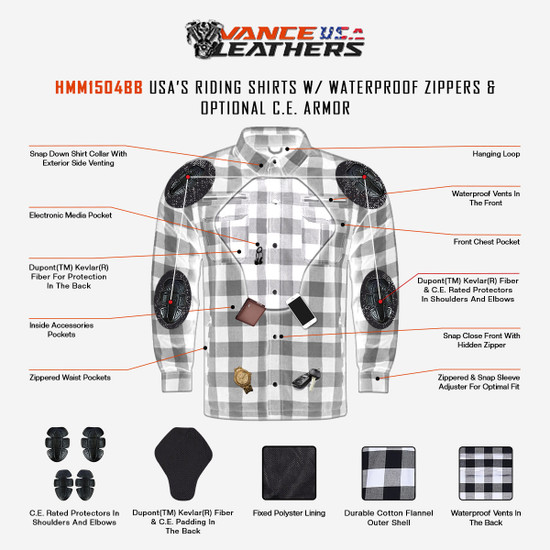  Vance Leathers USA's Riding Shirts W/Waterproof Zippers & C.E. Armor -  Infographic 