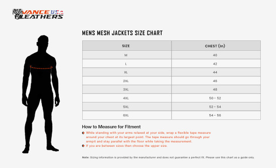 Advanced Vance VL1627 3-Season Mesh/Textile CE Armor Motorcycle Jacket - chart