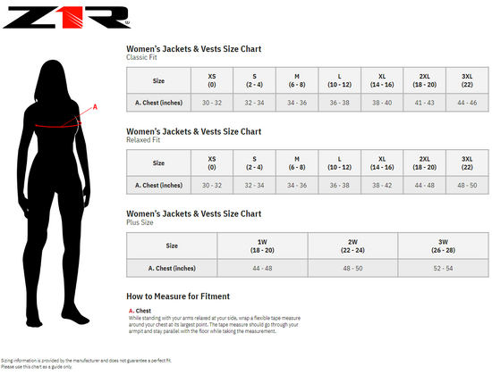 Z1R Women's Chimay Jacket - size chart