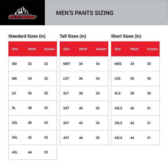 Tour Master Synergy Pro Plus 12V Heated Pants - Size Chart