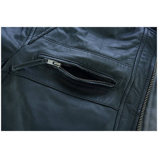 VL550B Vance Leather Men's Cafe Racer Gatsby Black Waxed Lambskin Motorcycle Leather Jacket - Detail